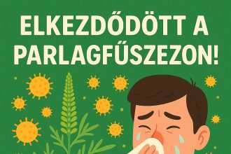 Illusztráció egy tüsszögő, orrát zsebkendővel megtörlő férfiról, körülötte lebegő pollen és egy nagy parlagfű növény. A fenti magyar szöveg így szól: Elkezdődött a parlagfűszezon!".