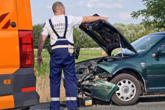 Egy rendőr áll egy narancssárga jármű mellett, és egy zöld autó felé mutat, amelynek az eleje összeroncsolódott, a motorháztetője pedig nyitva van egy ütközés után, egy fűvel és fákkal szegélyezett úton.